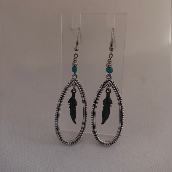 Silver Teardrop Dangle Earrings with Turquoise Feather Charms - Picture 4 of 6
